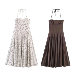 Women Halter Neck Backless Midi Dress French Vintage Polka Dot Satin Texture Slim Fit A-Line Party Summer Dress