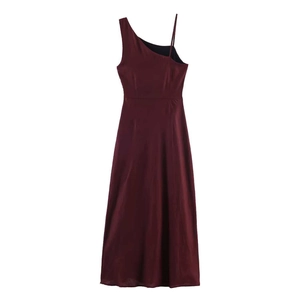Deep red asymmetric one-shoulder satin midi dress with elegant pleated A-line skirt