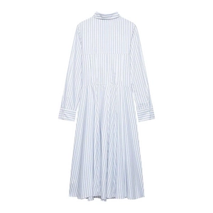 Vertical blue and white striped long sleeve shirt midi dress with a cinched waist