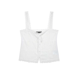 Vintage French Style White Lace Camisole For Women Summer Embroidery Sleeveless Tank Top With Front Buttons And Bow Tie