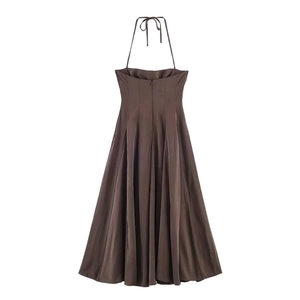 Brown satin halter midi dress with backless design and elegant pleated drape effect