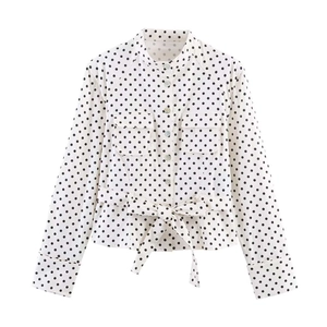 French vintage white polka dot long sleeve blouse with stand collar and waist belt
