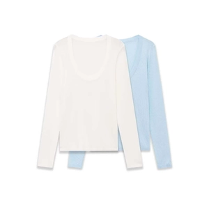 Slim fit long sleeve knit tops with scoop neckline in white and light blue set