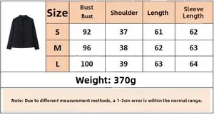 Size chart showing bust and shoulder measurements for this stand collar jacket for women