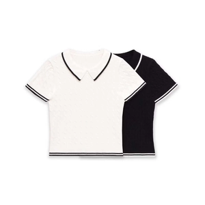 Women's Casual Cable Knit Short Sleeve Polo Shirt Contrast Stripe Trim Slim Fit Summer Knitwear Top For Daily Wear