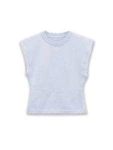 Macro view of light blue knitted tank top fabric texture and ribbed hem finishing