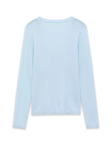 Detail view showing the fine knit texture and stitching of light blue long sleeve top back