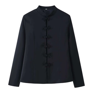 Women New Chinese Style Black Jacket Retro Stand Collar Frog Button Slim Fit Elegant Long Sleeve Coat Outerwear
