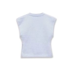 Light blue knit tank top with round neck and ribbed hem on a plain white background