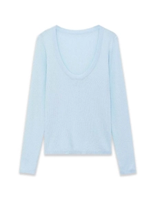 Detailed close-up of light blue slim-fit knit sweater with a deep U-neckline