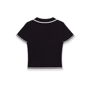 Slim fit black short sleeve cable knit top with white contrast stripes on collar and hem