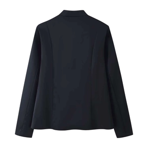 Minimalist black stand-collar fitted jacket for women with sleek vertical back stitching