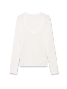 Close-up of lightweight white scoop neck knit top with fine ribbed texture detail