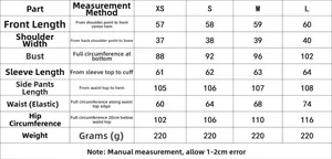 Detailed size chart for tencel shirt and wide-leg pants set including measurements and weight