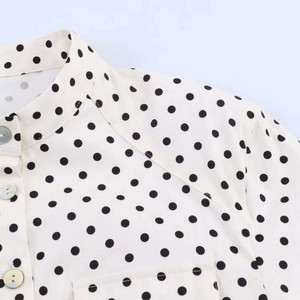 Detailed macro view of retro polka dot shirt featuring a stand collar and textured buttons