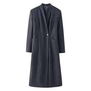 Classic charcoal grey wool coat with single-button closure and stand collar for women