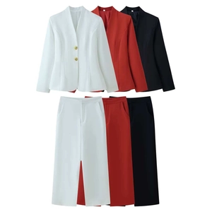Women's V-neck blazer and wide-leg trousers suit set with gold buttons in white, red and black