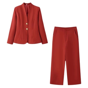 Women's burgundy V-neck blazer and trousers two-piece business suit set with gold buttons