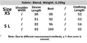 Size chart for lace patchwork sweatshirt with fabric details and weight measurements