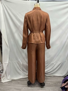 Back view of metallic bronze tencel shirt and wide-leg trousers set with drawstring detail