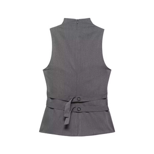 Deep grey sleeveless waistcoat vest with high neck and adjustable back buckle details