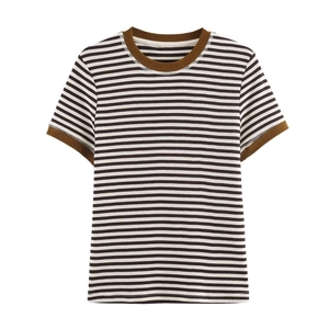 Striped Short Sleeve T-Shirt Women Crew Neck Contrast Trim Knit Polyester Casual Brown White