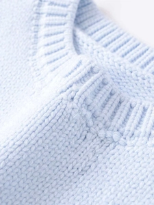 Detailed close-up of light blue knit vest neckline showing soft chunky texture