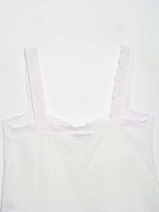 Close-up detail of delicate white lace trim on the neckline of a summer tank top