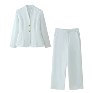 Women white two-piece business suit featuring V-neck blazer and trousers with gold buttons
