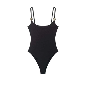Chic black one-piece swimsuit with high-cut design and gold rose-shaped buckle details