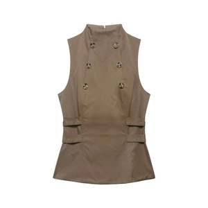 Sleeveless stand collar double-breasted vest with marble buttons and waist detailing