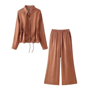 Women Elegant Satin Shirt And Wide Leg Pants Long Sleeve Drawstring Top Caramel Office Casual Clothing