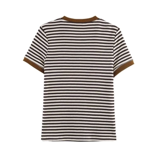 Classic brown and white striped short sleeve T-shirt with ribbed crew neck for women
