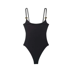 Slim fit black bodysuit with spaghetti straps and decorative gold embossed metal buckles