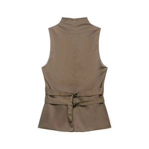 Detail view of khaki waistcoat back with stand-up collar and waist adjustment straps
