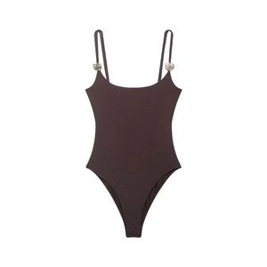 Brown spaghetti strap bodysuit with golden 3D rose metal details and square neckline