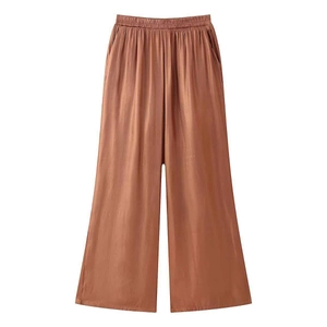 Women's bronze wide-leg tencel trousers with elastic drawstring waist and glossy finish