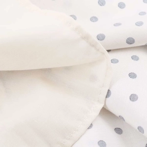 Detail shot of the white polka dot fabric texture and neat stitching on a midi dress