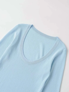Close-up of light blue slim-fit knit sweater featuring a wide U-neck and ribbed texture