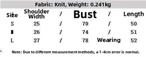 Tableau des tailles pour débardeur en tricot avec mesures pour S, M, L et poids du tissu