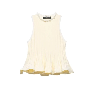 Gilet en Tricot sans Manches pour Femmes avec Volants Col Montant Ourlet Peplum Top en Tricot Côtelé Abricot Élégant
