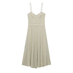 Damen Sommer Mode Kariert Camisole Midi Kleid Französischer Stil V-Ausschnitt Ärmellos A-Linie Langes Kleid Casual
