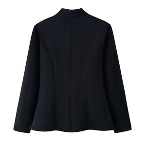 Back view of a tailored black long sleeve blazer showing professional slim fit and clean seams