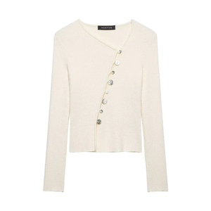 Γυναικείο Casual Ασύμμετρο Πλεκτό Πουλόβερ Με Κουμπιά Λοξή Λαιμόκοψη Μακρύ Μανίκι Slim Fit Πλεκτό Τοπ Κρέμα Πουλόβερ