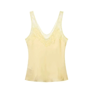 Débardeur en satin jaune pâle pour femmes avec dentelle florale et décolleté en V