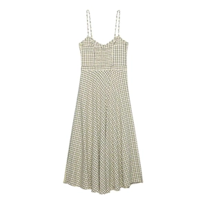 Schickes gelb-weißes Midi-Kleid mit Karomuster, Spaghettiträgern und hoher Taille A-Linie