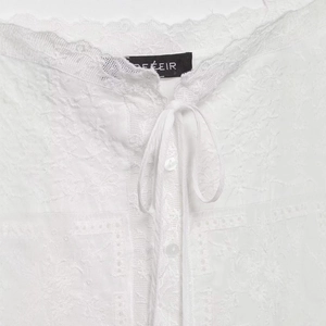 White embroidered lace camisole top for women with tie-front detail and buttons