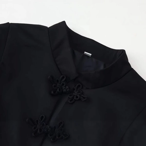 Women's black stand collar jacket with traditional Chinese knots and fitted waist design