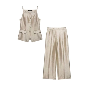 Women Elegant Champagne Satin Camisole Top And High Waist Wide Leg Pants For Commuting Office Minimalist Stylish Outfit