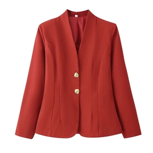 Detailed close-up of slim-fit red blazer featuring elegant gold buttons and V-neckline